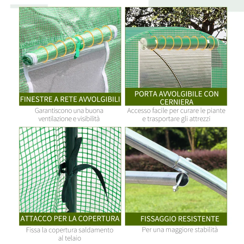 Outsunny Serra a Tunnel da Esterno 3x3x2m con Copertura in PE, Porta con Cerniera e 4 Finestre, Verde - Image 6