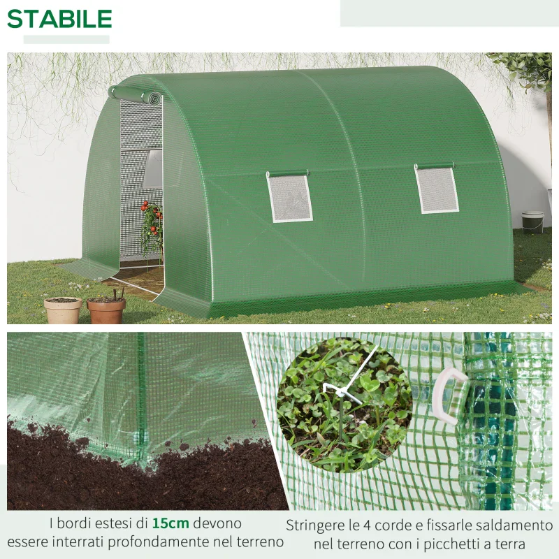 Outsunny Serra a Tunnel da Esterno 3x3x2m con Copertura in PE, Porta con Cerniera e 4 Finestre, Verde - Image 7