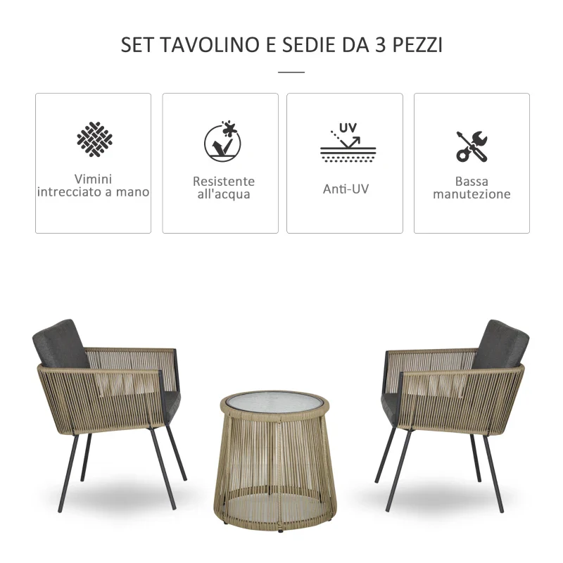Outsunny Set 2 Poltroncine con Tavolino da Esterno in Rattan PE Stile Boho, Cachi e Grigio - Image 3