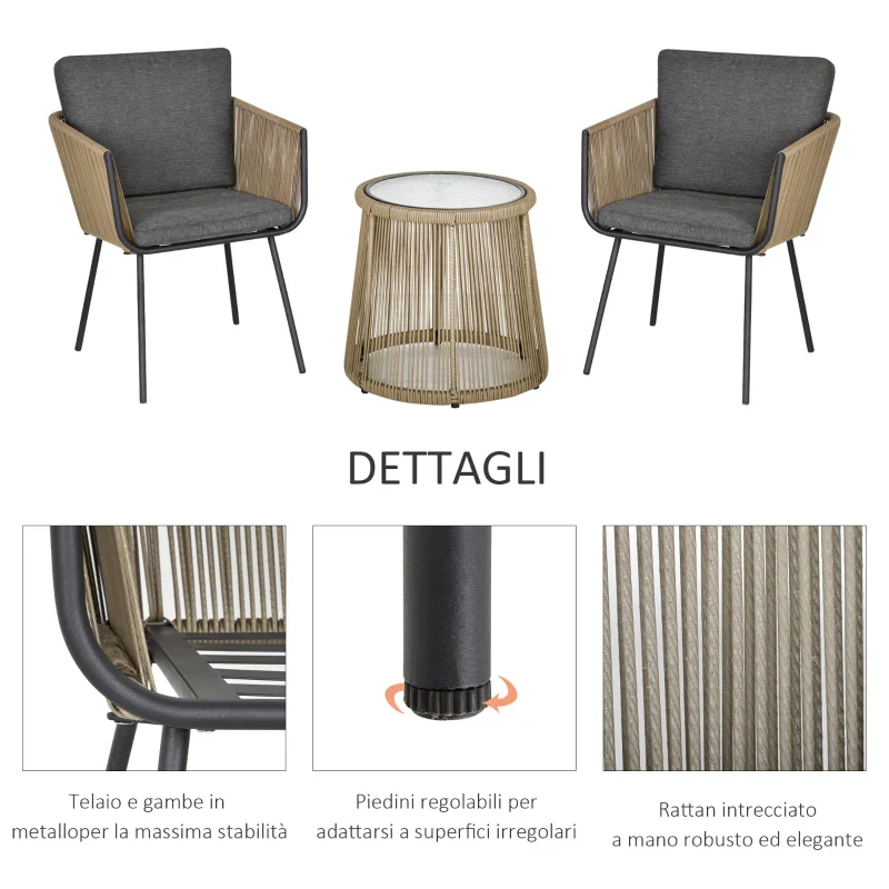 Outsunny Set 2 Poltroncine con Tavolino da Esterno in Rattan PE Stile Boho, Cachi e Grigio - Image 5