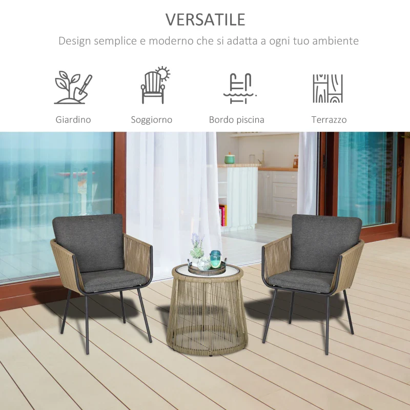 Outsunny Set 2 Poltroncine con Tavolino da Esterno in Rattan PE Stile Boho, Cachi e Grigio - Image 6