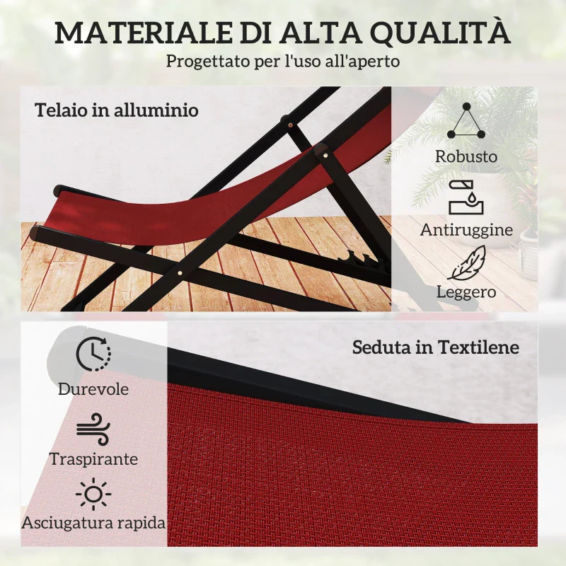 Outsunny Set 2 Sedie Poltrona Sdraio da Esterni, Pieghevoli e Reclinabili, in Alluminio, 96.5x58x91.5 cm, Rosso - Image 5