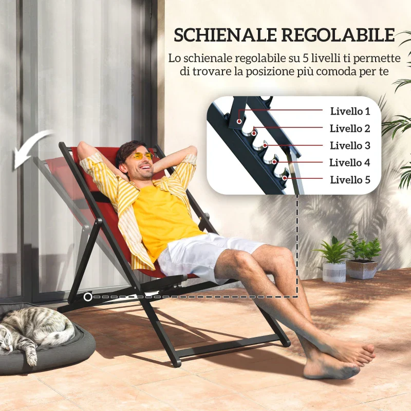 Outsunny Set 2 Sedie Poltrona Sdraio da Esterni, Pieghevoli e Reclinabili, in Alluminio, 96.5x58x91.5 cm, Rosso - Image 6