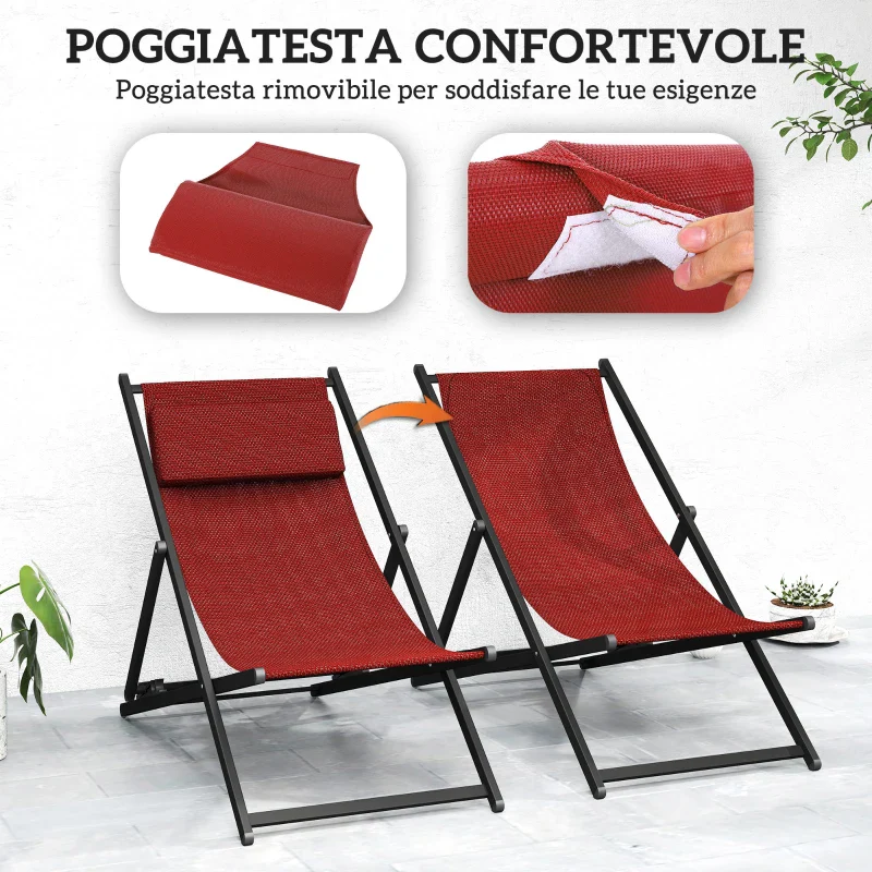 Outsunny Set 2 Sedie Poltrona Sdraio da Esterni, Pieghevoli e Reclinabili, in Alluminio, 96.5x58x91.5 cm, Rosso - Image 9
