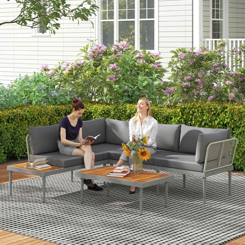 Outsunny Set da Esterno 3 Pezzi con 2 Divanetti 2 Posti e Tavolino Basso, in Rattan e Acciaio Grigio e color Legno - Image 2