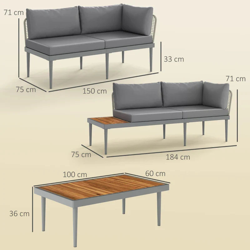 Outsunny Set da Esterno 3 Pezzi con 2 Divanetti 2 Posti e Tavolino Basso, in Rattan e Acciaio Grigio e color Legno - Image 3