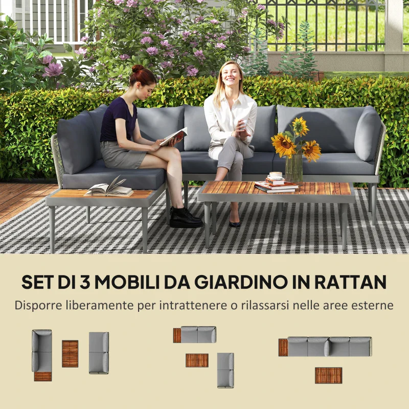 Outsunny Set da Esterno 3 Pezzi con 2 Divanetti 2 Posti e Tavolino Basso, in Rattan e Acciaio Grigio e color Legno - Image 4