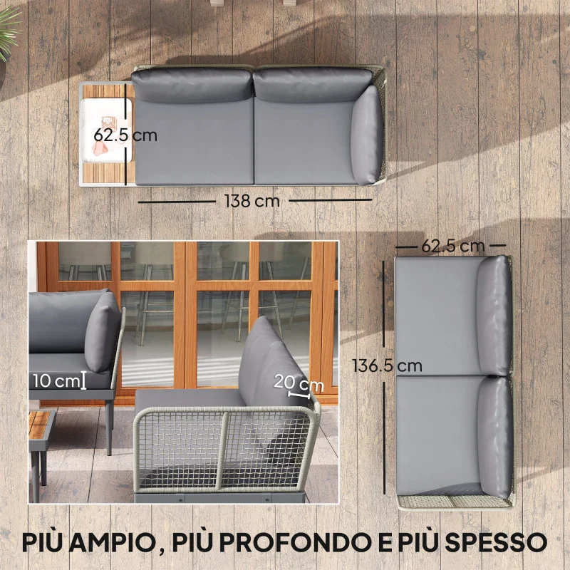 Outsunny Set da Esterno 3 Pezzi con 2 Divanetti 2 Posti e Tavolino Basso, in Rattan e Acciaio Grigio e color Legno - Image 5