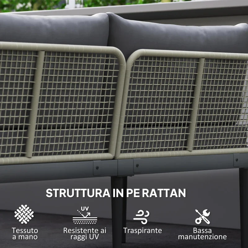 Outsunny Set da Esterno 3 Pezzi con 2 Divanetti 2 Posti e Tavolino Basso, in Rattan e Acciaio Grigio e color Legno - Image 7