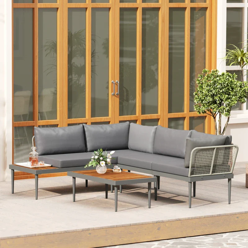 Outsunny Set da Esterno 3 Pezzi con 2 Divanetti 2 Posti e Tavolino Basso, in Rattan e Acciaio Grigio e color Legno - Image 9
