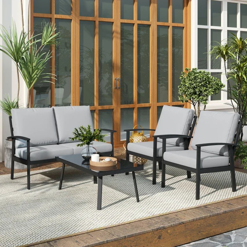 Outsunny Set da Giardino 4 Pezzi con 2 Poltroncine, Divano 2 Posti e Tavolino, in Alluminio e Fibra, Grigio Carbone - Image 2