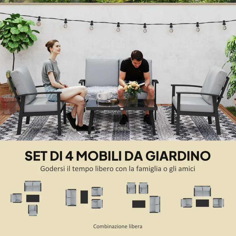 Outsunny Set da Giardino 4 Pezzi con 2 Poltroncine, Divano 2 Posti e Tavolino, in Alluminio e Fibra, Grigio Carbone - Image 4