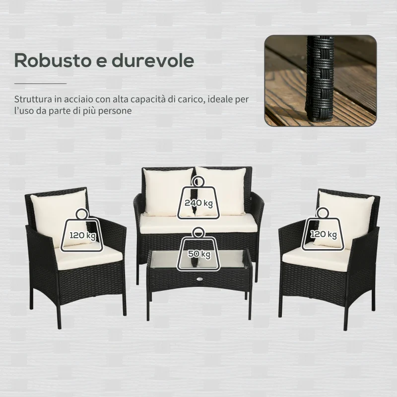 Outsunny Set da Giardino 4Pezzi in Rattan con 2 Sedie, Poltrona da Giardino a 2 Posti e Tavolino Basso - Image 4