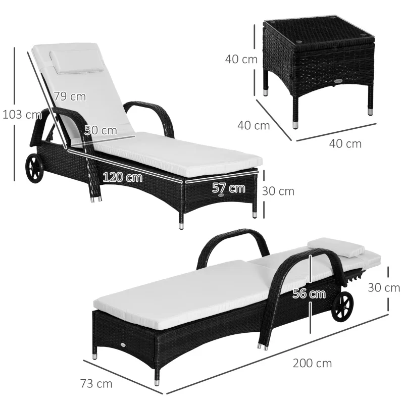 Outsunny Set da Giardino con 2 Sedie a Sdraio con Schienale Reclinabile e Tavolino Basso in Rattan PE, Nero - Image 3