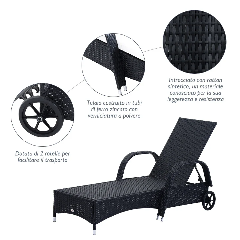 Outsunny Set da Giardino con 2 Sedie a Sdraio con Schienale Reclinabile e Tavolino Basso in Rattan PE, Nero - Image 6