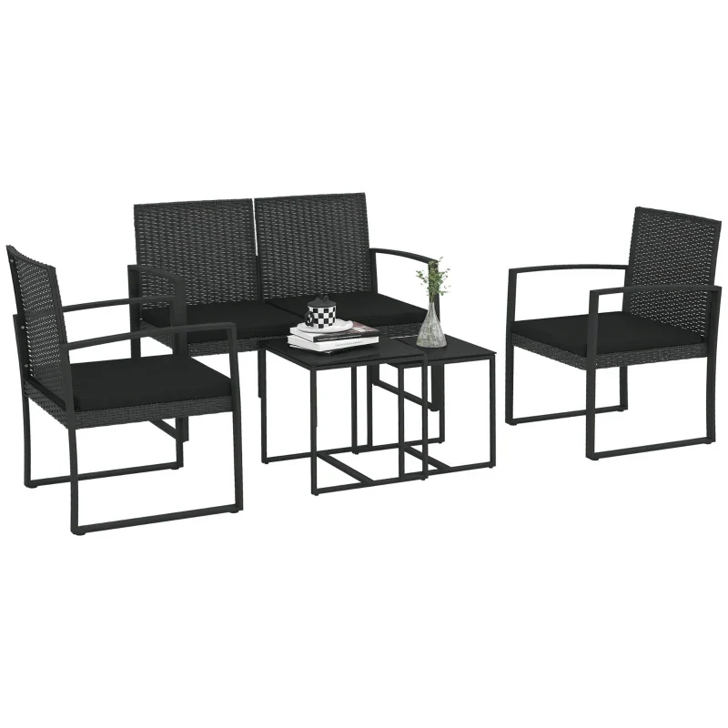 Outsunny Set da Giardino con 2 Sedie, Divanetto e 2 Tavolini con Cuscini e Piano in Vetro, Nero