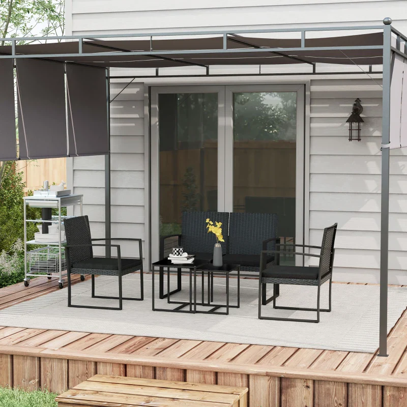 Outsunny Set da Giardino con 2 Sedie, Divanetto e 2 Tavolini con Cuscini e Piano in Vetro, Nero - Image 2