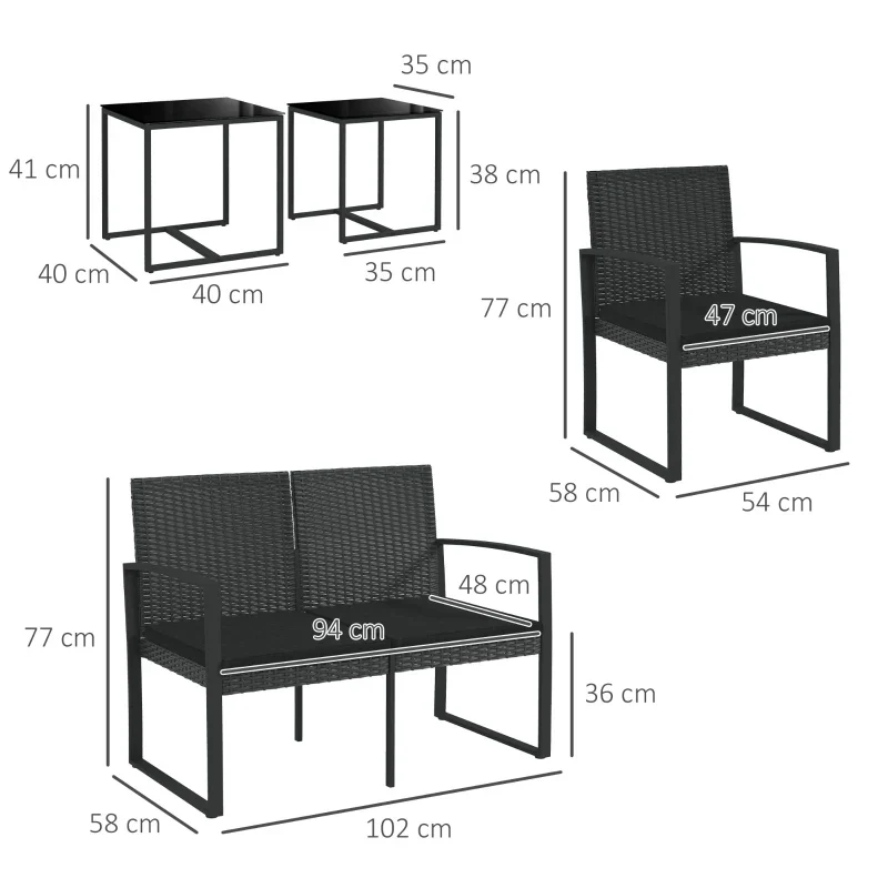 Outsunny Set da Giardino con 2 Sedie, Divanetto e 2 Tavolini con Cuscini e Piano in Vetro, Nero - Image 3