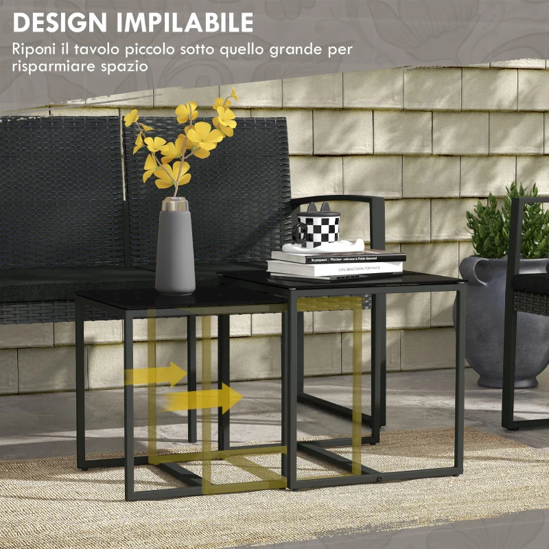 Outsunny Set da Giardino con 2 Sedie, Divanetto e 2 Tavolini con Cuscini e Piano in Vetro, Nero - Image 4