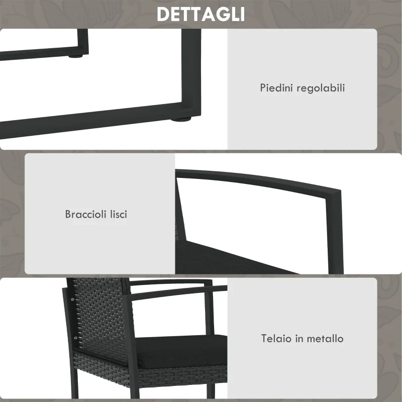 Outsunny Set da Giardino con 2 Sedie, Divanetto e 2 Tavolini con Cuscini e Piano in Vetro, Nero - Image 6