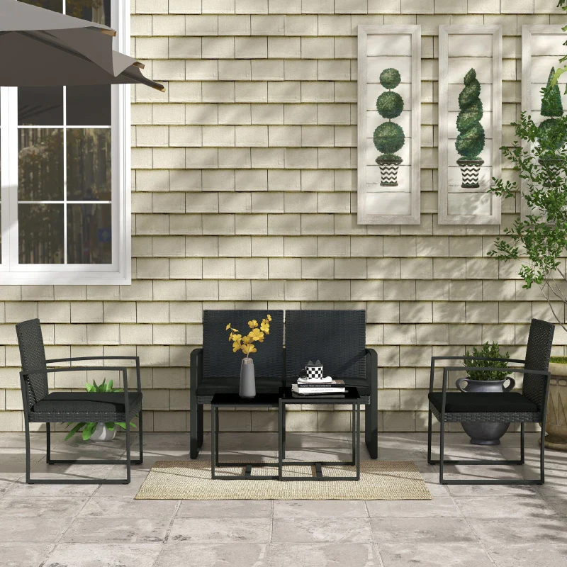 Outsunny Set da Giardino con 2 Sedie, Divanetto e 2 Tavolini con Cuscini e Piano in Vetro, Nero - Image 7