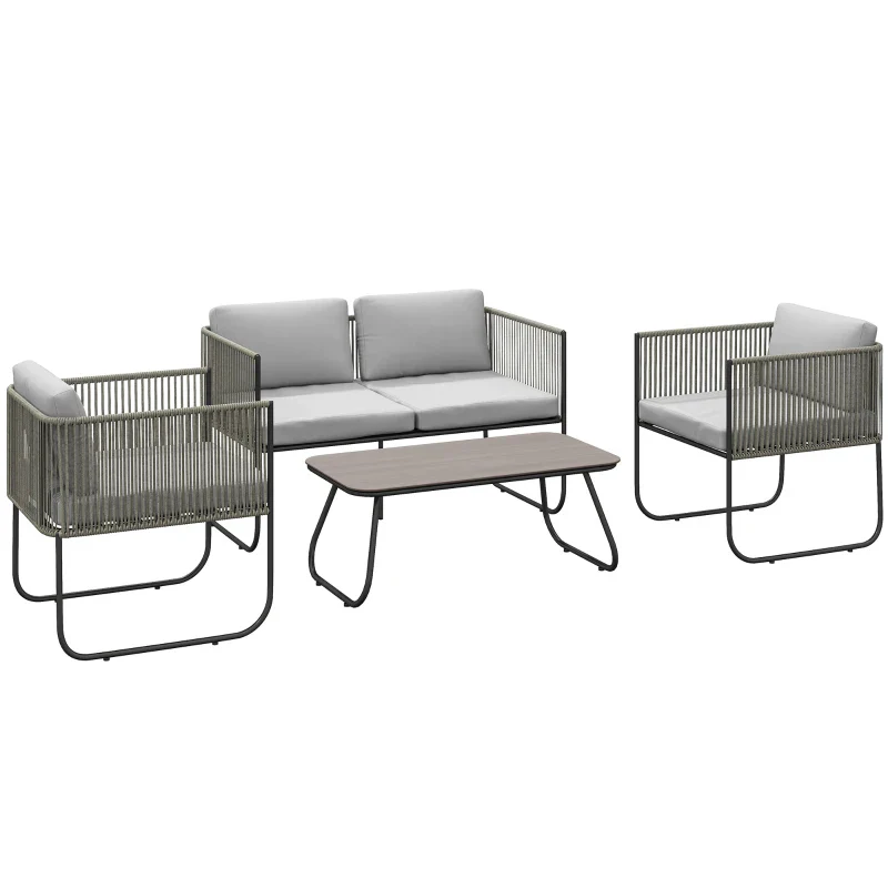 Outsunny Set da Giardino Rattan con Divanetto 2 Posti, 2 Poltrone e Tavolino in Vetro, Cuscini Sfoderabili, Grigio