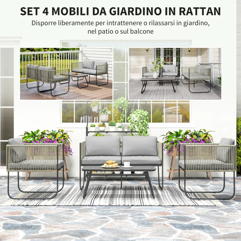Outsunny Set da Giardino Rattan con Divanetto 2 Posti, 2 Poltrone e Tavolino in Vetro, Cuscini Sfoderabili, Grigio - Image 4