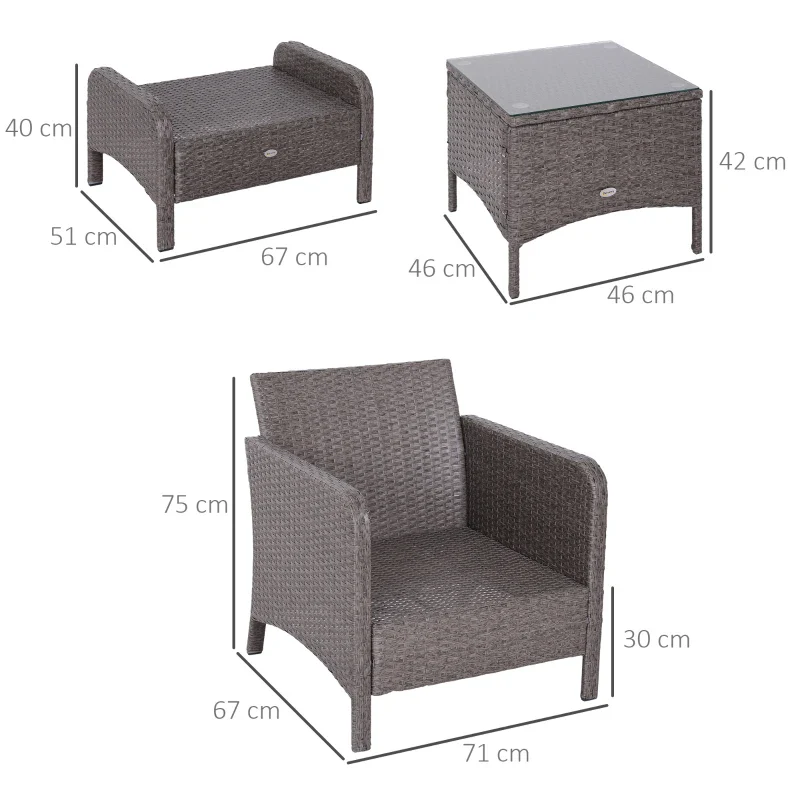 Outsunny Set Mobili da Giardino 2 Poltrone 2 Poggiapiedi 1 Tavolino in Vetro Temperato Rattan Grigio - Image 3