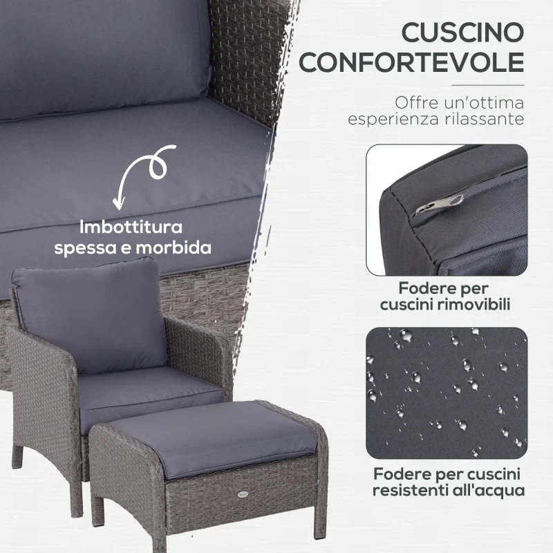 Outsunny Set Mobili da Giardino 2 Poltrone 2 Poggiapiedi 1 Tavolino in Vetro Temperato Rattan Grigio - Image 5
