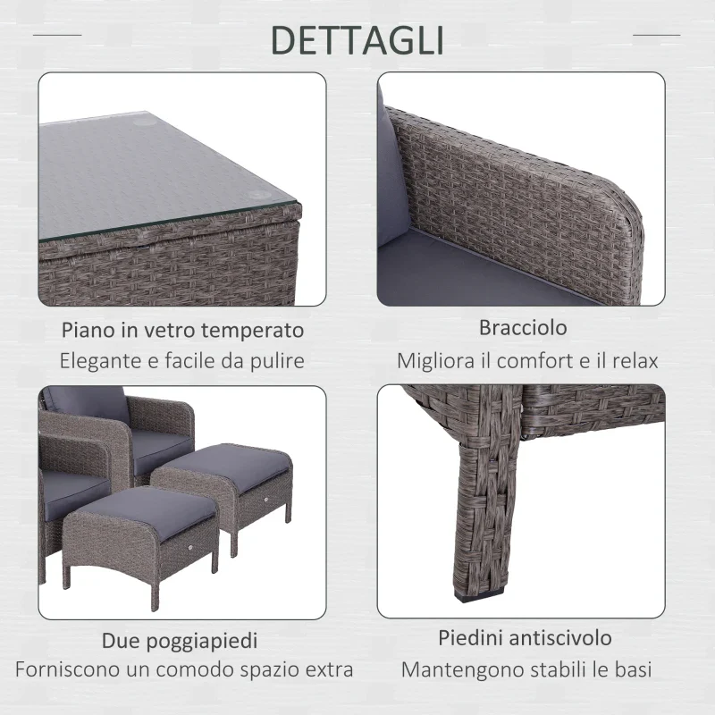 Outsunny Set Mobili da Giardino 2 Poltrone 2 Poggiapiedi 1 Tavolino in Vetro Temperato Rattan Grigio - Image 6