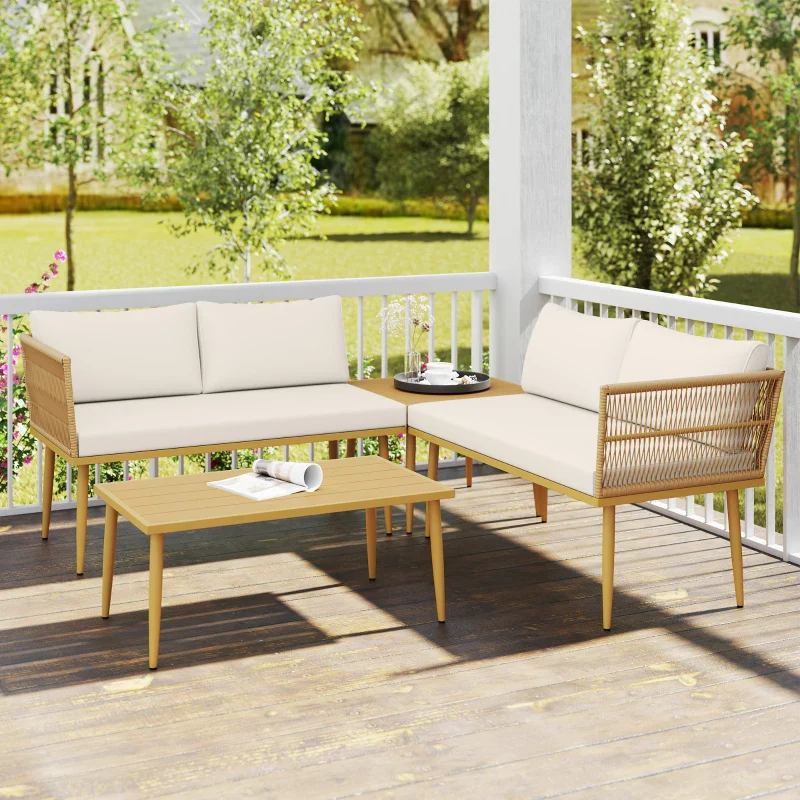 Outsunny Set Salotto da Esterno in Rattan PE con 2 Divani a 2 Posti con Cuscini e 2 Tavoli da Caffè, Colore Legno - Image 2