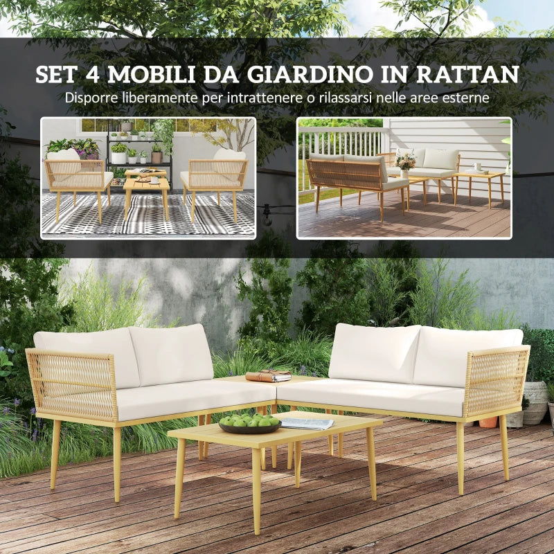 Outsunny Set Salotto da Esterno in Rattan PE con 2 Divani a 2 Posti con Cuscini e 2 Tavoli da Caffè, Colore Legno - Image 4