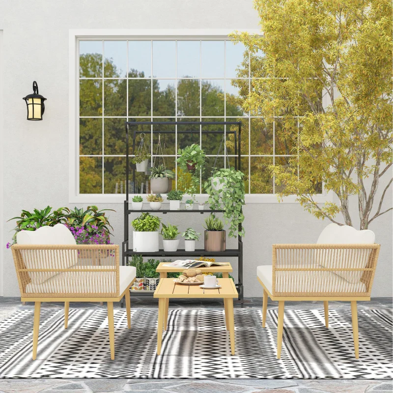Outsunny Set Salotto da Esterno in Rattan PE con 2 Divani a 2 Posti con Cuscini e 2 Tavoli da Caffè, Colore Legno - Image 7
