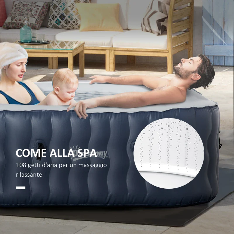 Outsunny Spa Idromassaggio Gonfiabile con 108 Getti e Riscaldamento 40°C, per 4-6 Persone, 180x180x68cm, Blu Scuro - Image 4