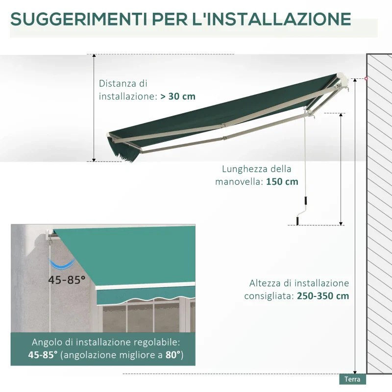 Outsunny Tenda da Sole Avvolgibile a Caduta con Manovella, in Alluminio e Poliestere, 3x2.5m, Verde Scuro - Image 6