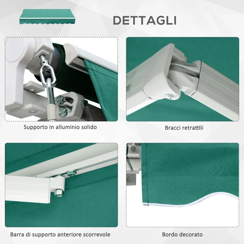 Outsunny Tenda da Sole Avvolgibile a Caduta con Manovella, in Alluminio e Poliestere, 3x2.5m, Verde Scuro - Image 8