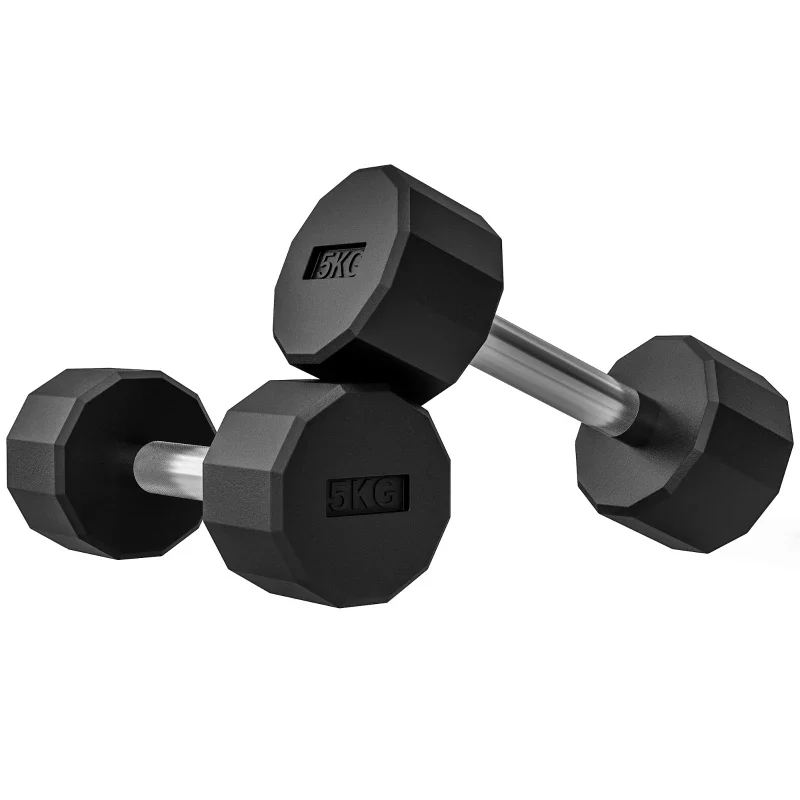 SPORTNOW Set 2 Manubri a 12 Lati da 5 kg in Metallo e Gomma con Impugnatura Antiscivolo, 25x9.5x9.5 cm, Nero - Image 10