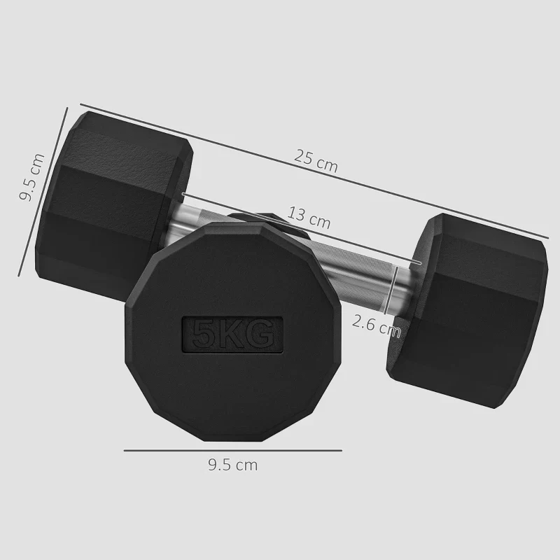 SPORTNOW Set 2 Manubri a 12 Lati da 5 kg in Metallo e Gomma con Impugnatura Antiscivolo, 25x9.5x9.5 cm, Nero - Image 3