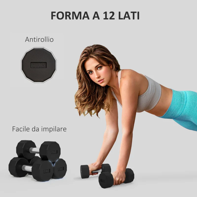 SPORTNOW Set 2 Manubri a 12 Lati da 5 kg in Metallo e Gomma con Impugnatura Antiscivolo, 25x9.5x9.5 cm, Nero - Image 4