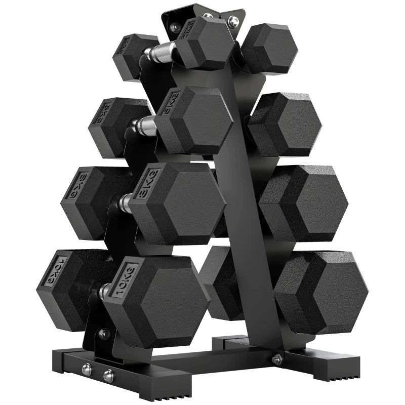 SPORTNOW Set Manubri da Palestra Esagonali con Supporto e Impugnatura Antiscivolo, 2x2kg, 2x5kg, 2x8kg, 2x10kg, Nero