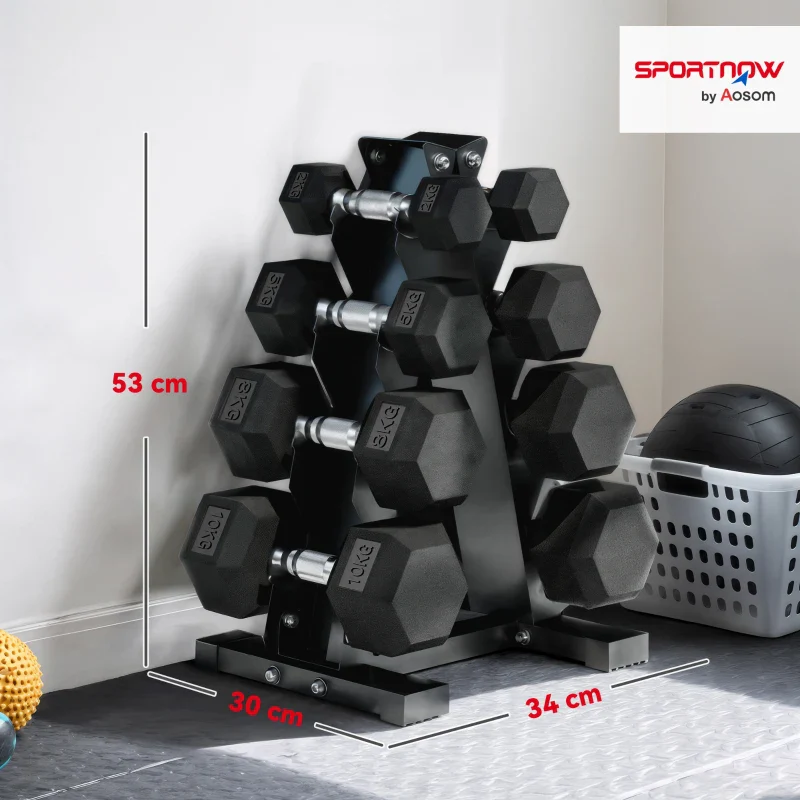 SPORTNOW Set Manubri da Palestra Esagonali con Supporto e Impugnatura Antiscivolo, 2x2kg, 2x5kg, 2x8kg, 2x10kg, Nero - Image 3