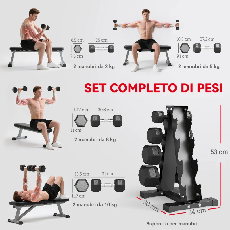 SPORTNOW Set Manubri da Palestra Esagonali con Supporto e Impugnatura Antiscivolo, 2x2kg, 2x5kg, 2x8kg, 2x10kg, Nero - Image 4