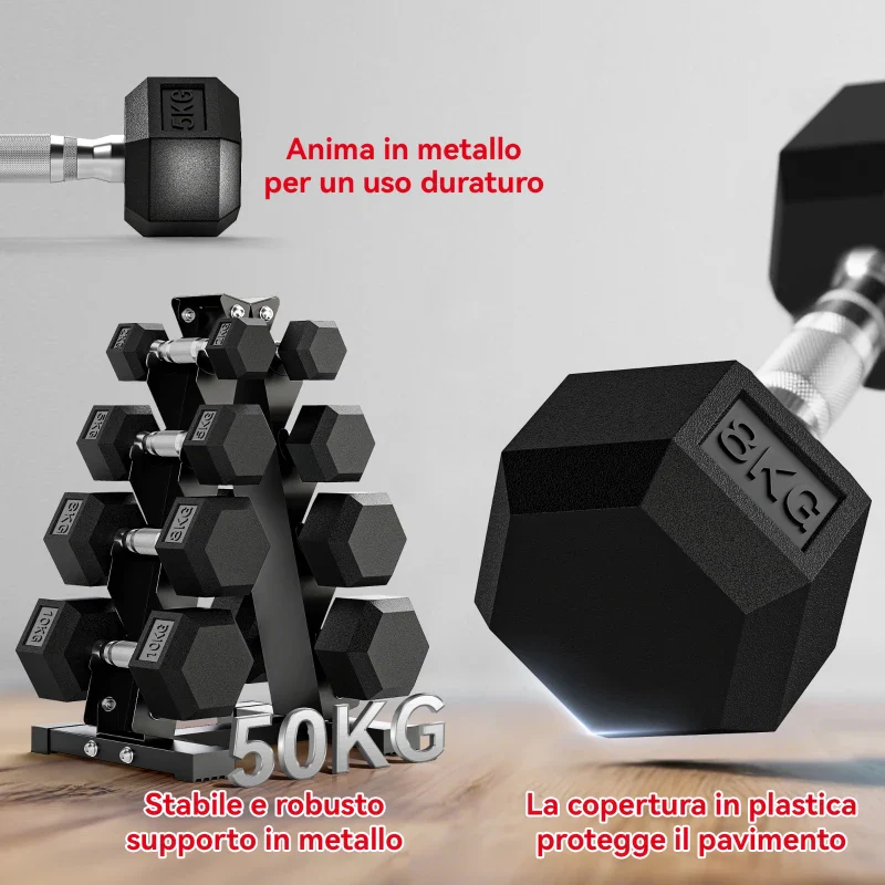 SPORTNOW Set Manubri da Palestra Esagonali con Supporto e Impugnatura Antiscivolo, 2x2kg, 2x5kg, 2x8kg, 2x10kg, Nero - Image 6