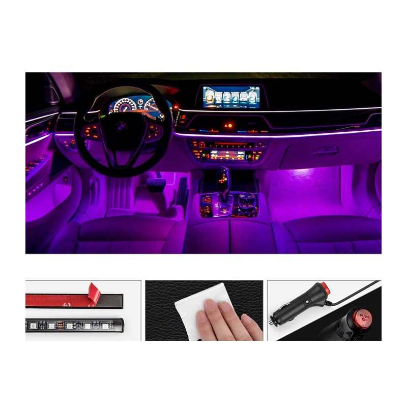 Luci Ambiente Adesiva Auto, Interni Auto RGB, 4 Strip Luminose, Adesive, 72LED, Impermeabile - Image 3