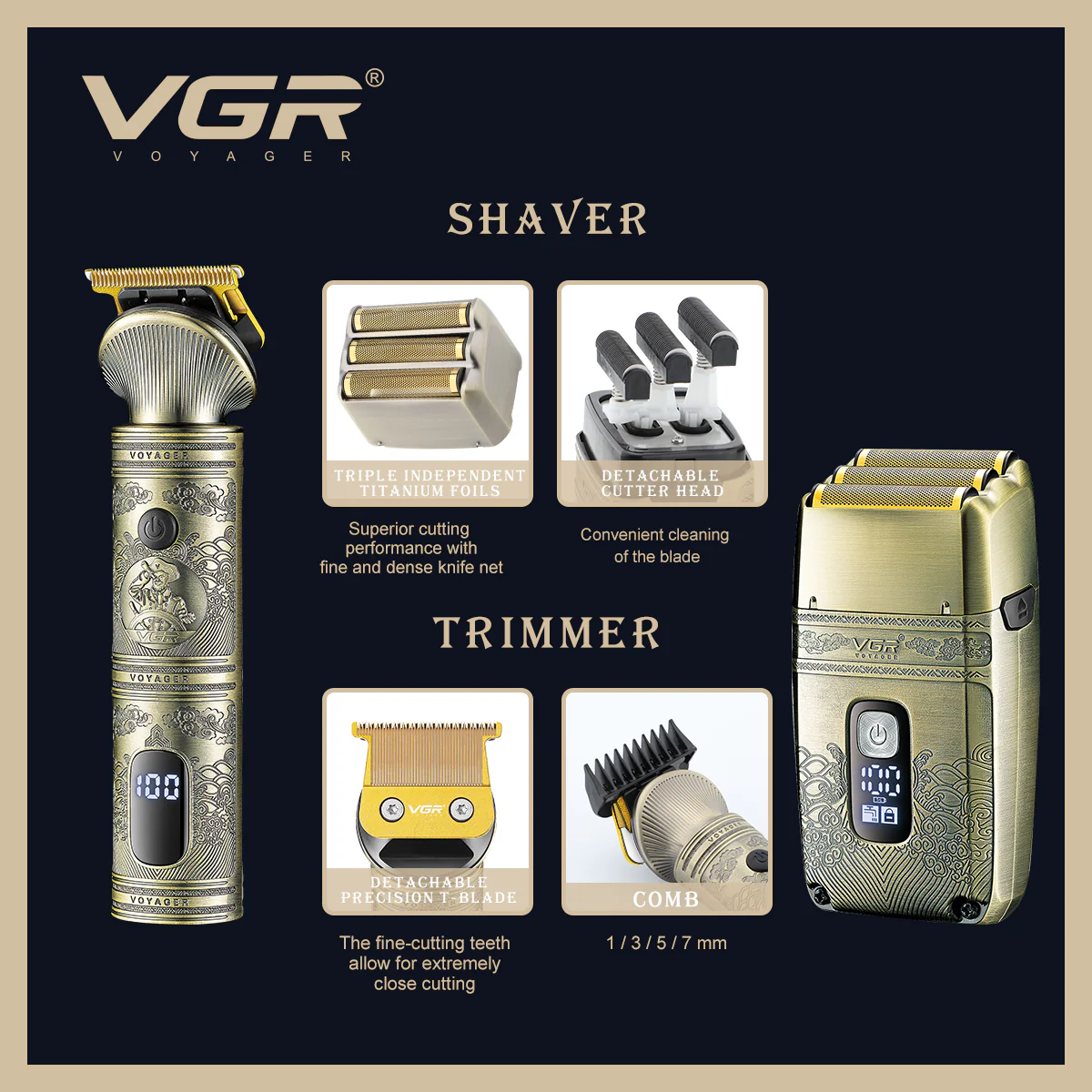 VGR Kit 2-1 Combo, Trimmer, Shaver, Accessori V-649 - Image 5