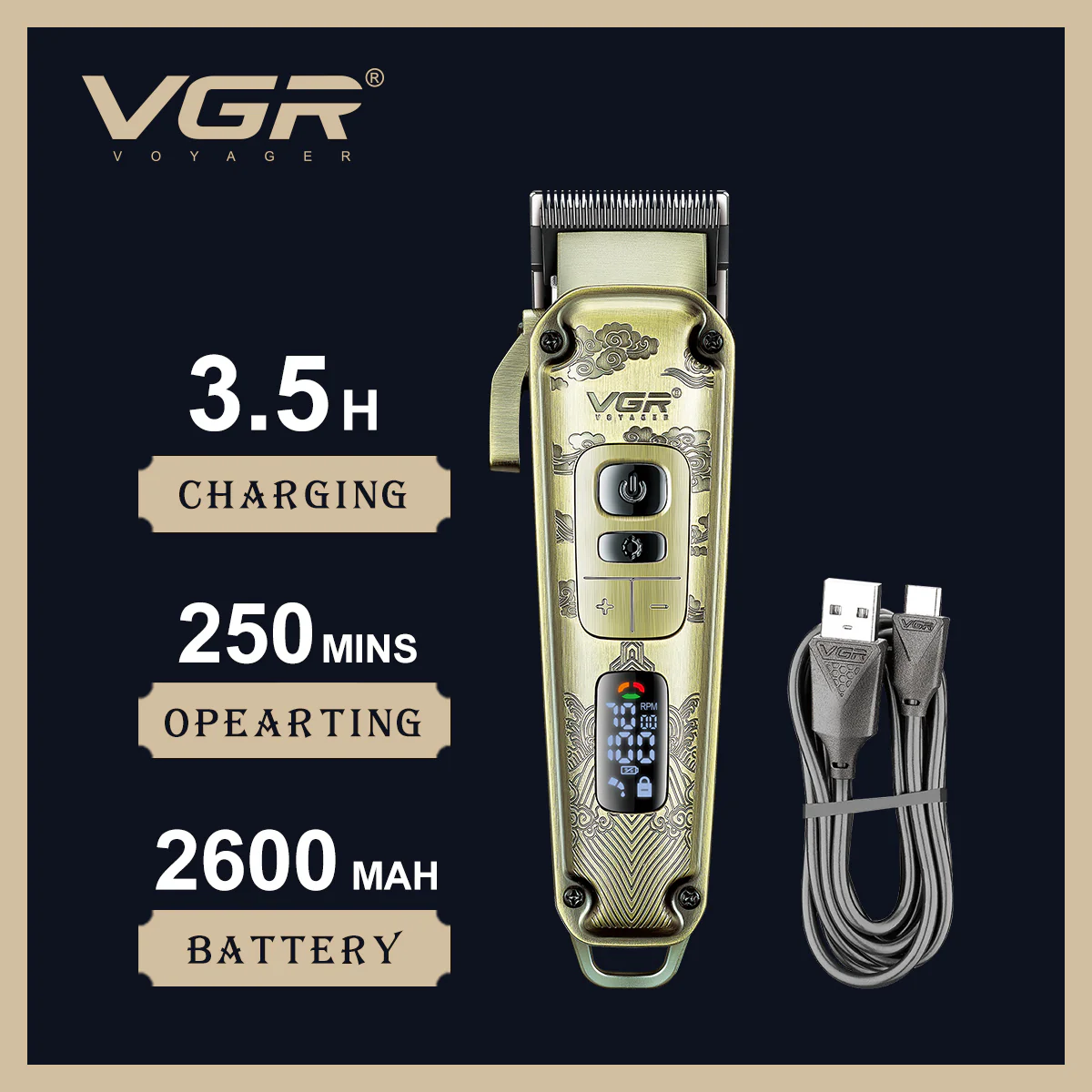 VGR Tagliacapelli Professionale | Barba | Regolabile a 4 velocità | Ricarica | USB | V-005 - Image 4