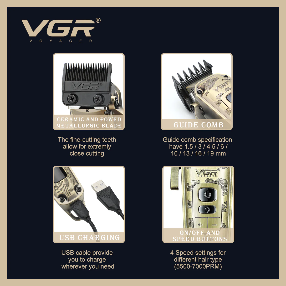 VGR Tagliacapelli Professionale | Barba | Regolabile a 4 velocità | Ricarica | USB | V-005 - Image 5