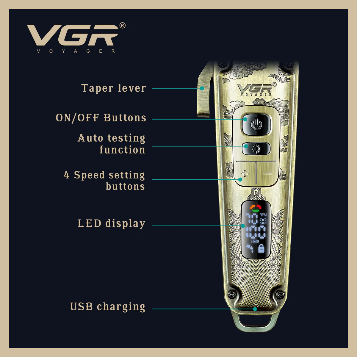 VGR Tagliacapelli Professionale | Barba | Regolabile a 4 velocità | Ricarica | USB | V-005 - Image 6