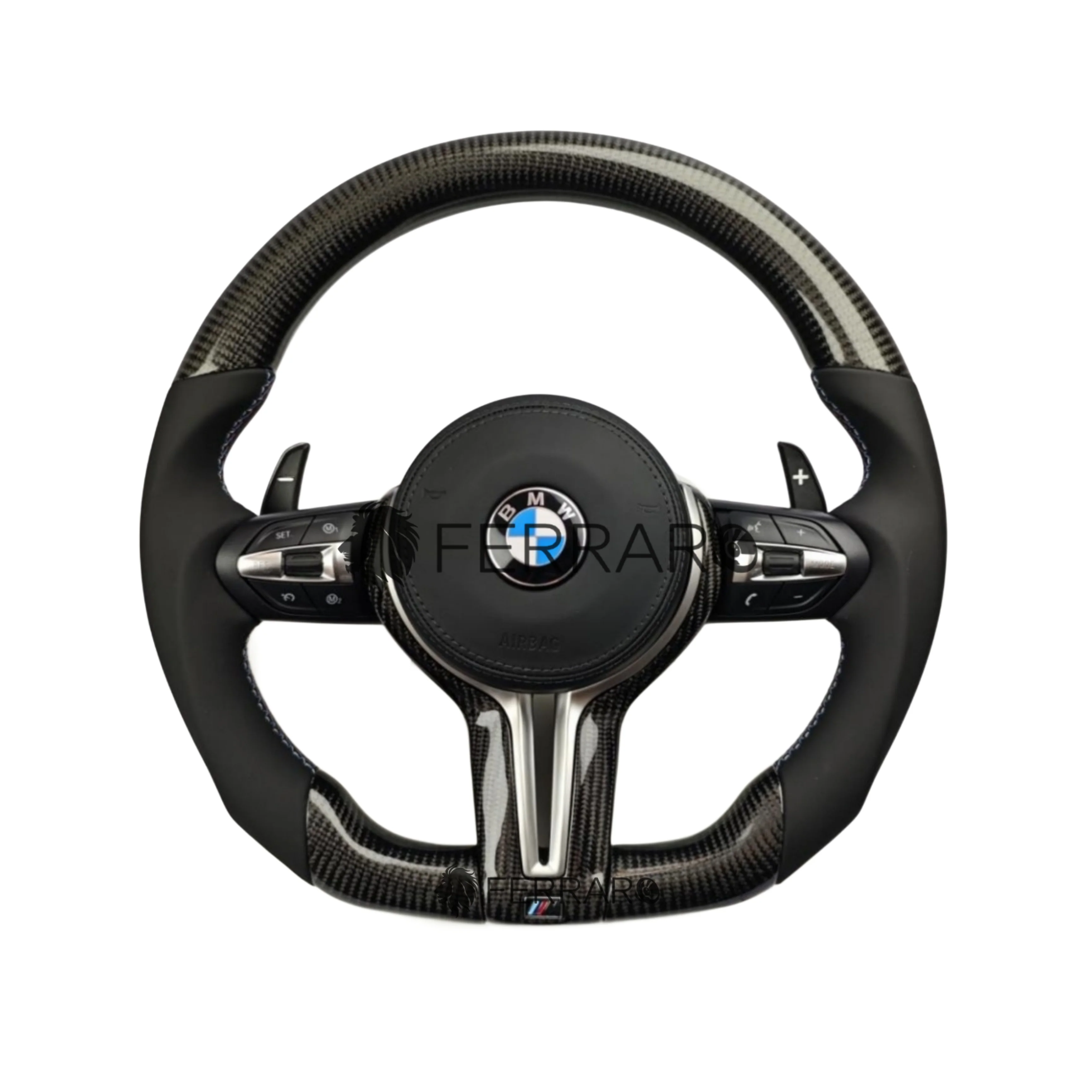 Volante per BMW, Carbonio Obliquo, Pelle Nera, Filo Tricolore