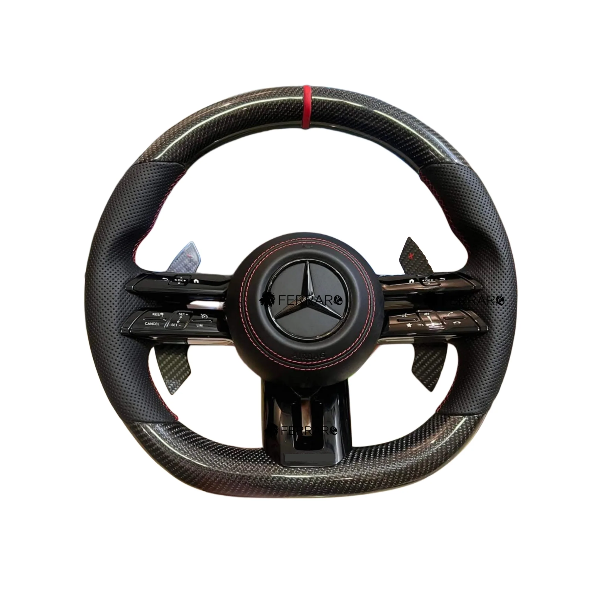 Volante per Mercedes, Carbonio Diagonale, Etichetta Rossa, Punzonatura Nera, Palette Coda di Rondine, Linea Bianca, AMG
